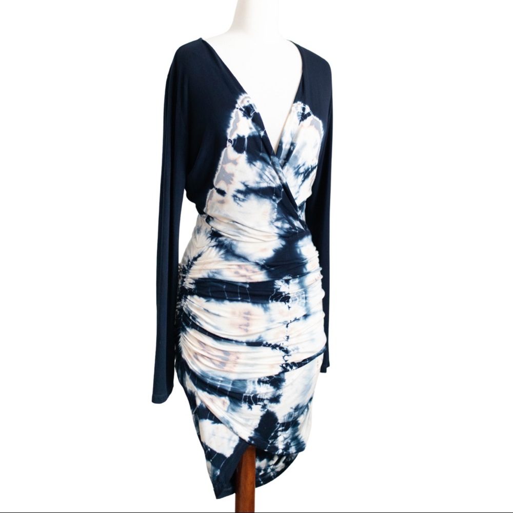 Young Fabulous and Broke Navy Long Sleeve Tie Dye Bodycon Mini Dress S Deep V